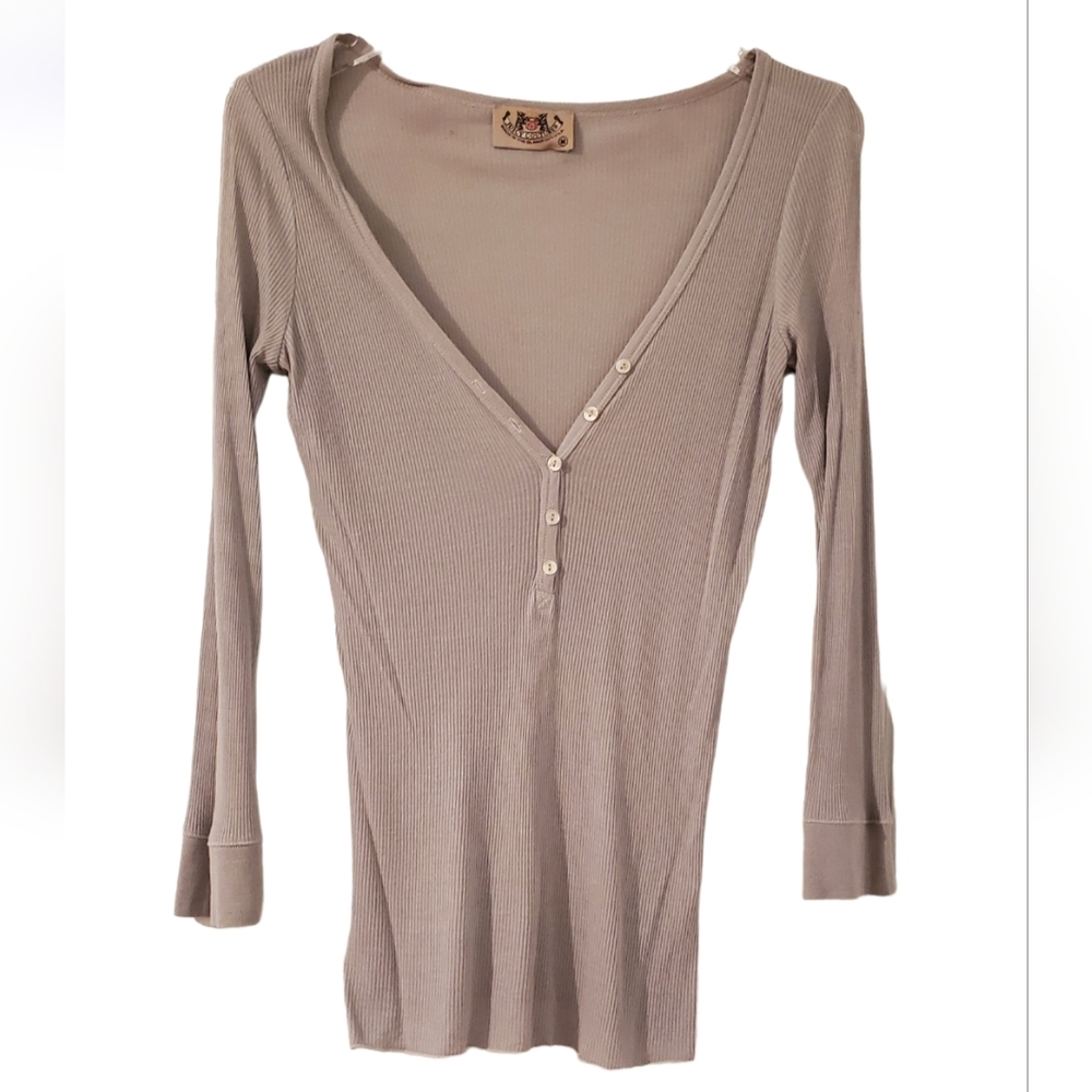 Juicy Couture Made in USA Casual Ribbed  Henley Top  V Neckline  Grey M